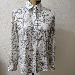 Talbots Floral Wrinkle Resistant Button-Up Shirt Women's Size 4 White/Gray